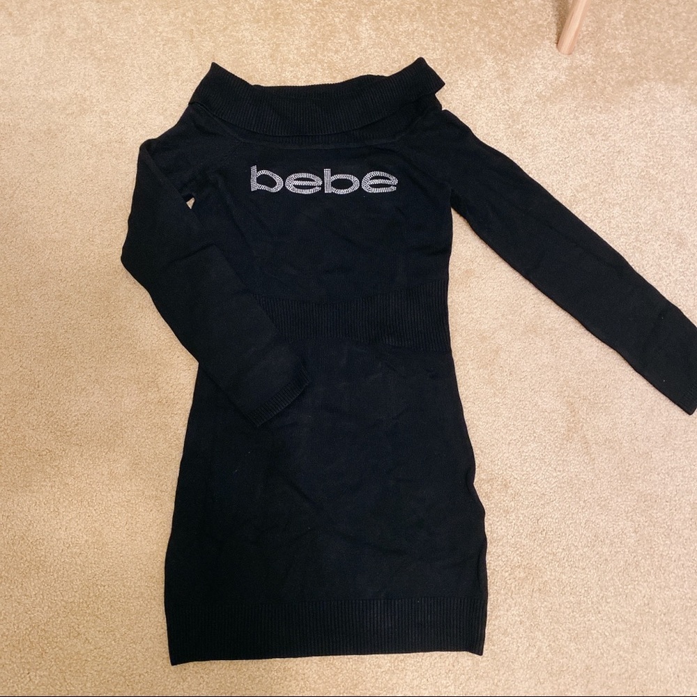 Bebe Black Knit Rhinestone Logo Sweater Dress